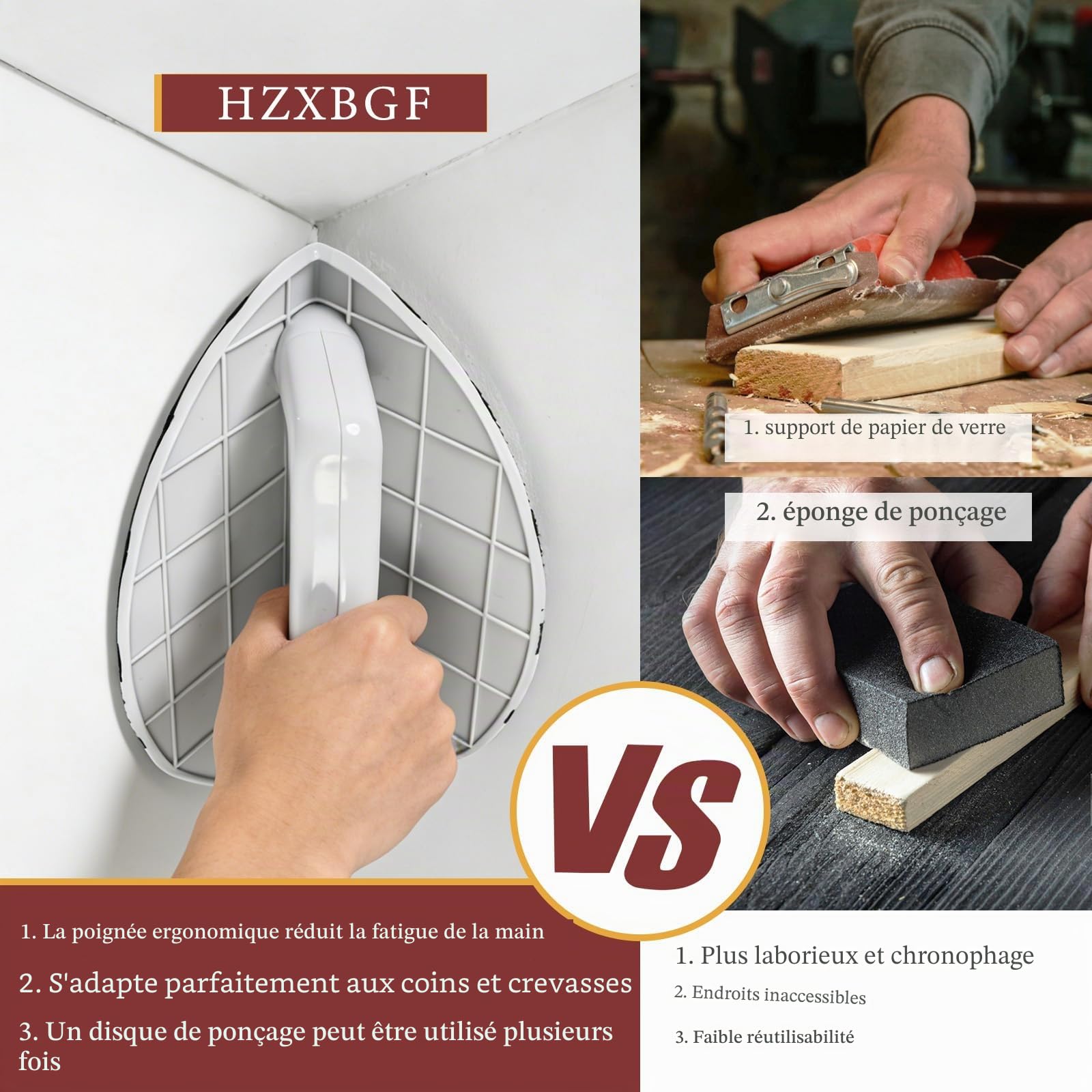 Ponceuse d'angle pour cloison sèche, outil de ponçage d'angle avec 12 disques de ponçage réutilisables de 22,9 cm pour nettoyage des murs et des coins (grain 120/180/240)
