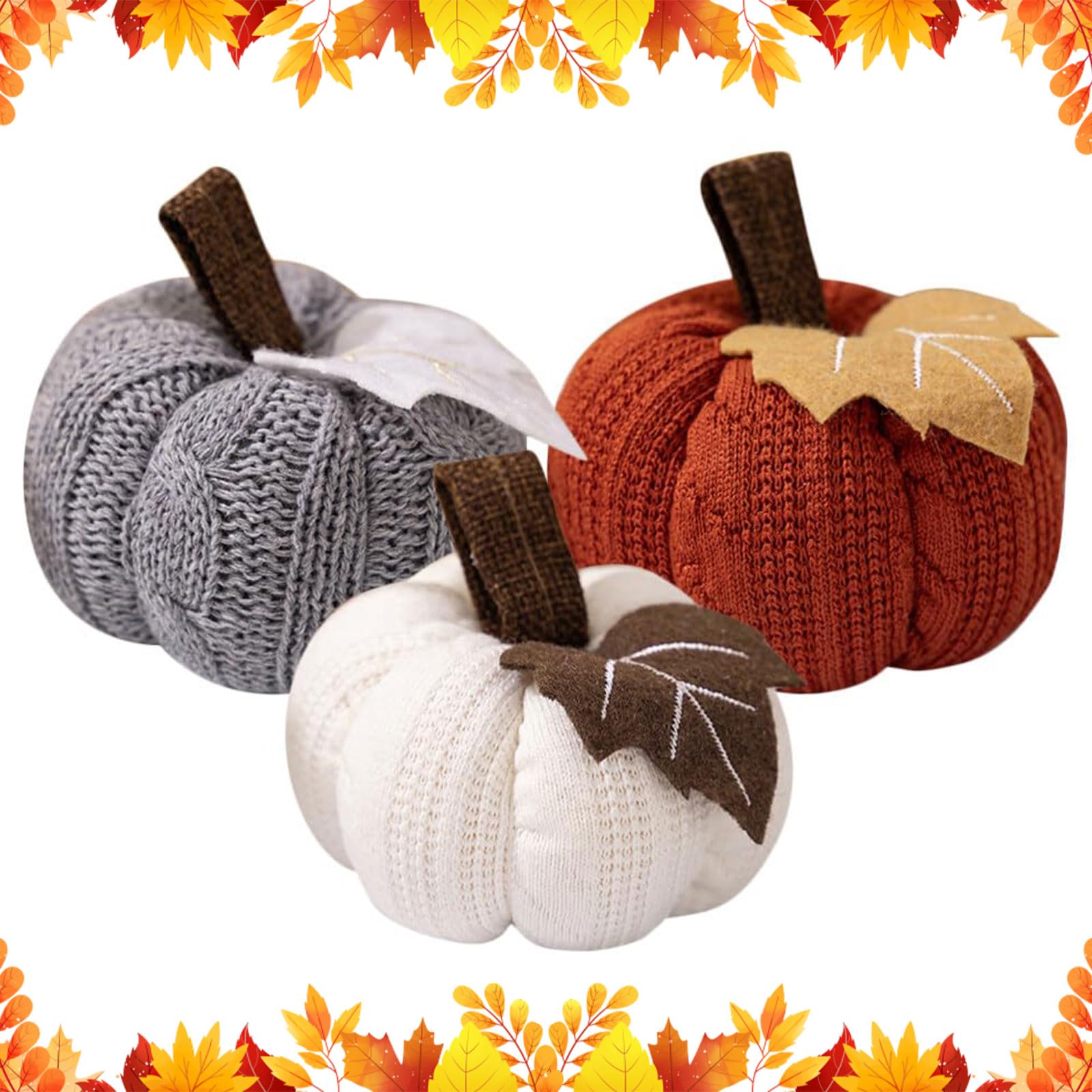 3pcs Artificial Pumpkins Halloween Decoration, Small Knitted Pumpkins Autumn Decorations Mini Fake Crochet Pumpkins Table Centerpiece for Fall Harvest Halloween Thanksgiving Party Decor
