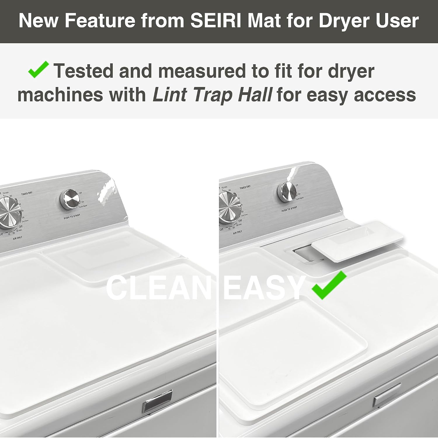 SEIRI 1pcs Dryer Top Protector Mat with Lint Trap Hole Cut Out Set, 26" x 18" Silicone Dryer Top Protector Mat Non-Slip Waterproof Laundry Dryer Cover for The Top (White)