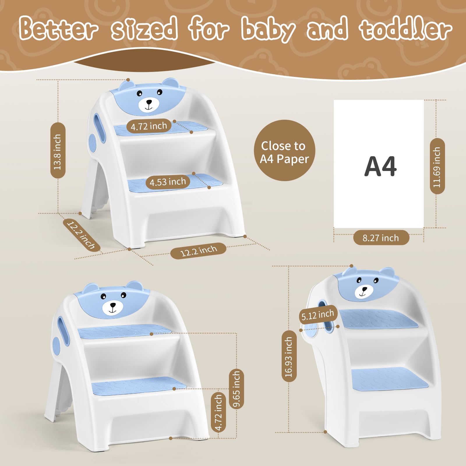 Nookty - Taburete plegable de 2 escalones con diseño de oso lindo para niños pequeños para fregadero de baño y entrenamiento de orinal, taburete antideslizante de doble altura, portátil y fácil de