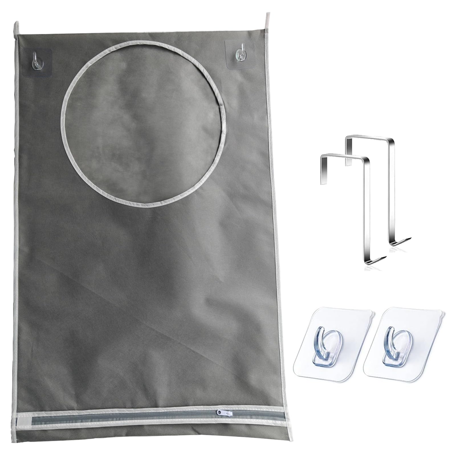 A.S.Marelis Hanging Laundry Hamper, Portable Laundry Bag Zipper Wide Open Top, Laundry Bags with Stainless Steel Hooks & Adhesive Hooks, Dirty Clothes Organization Storage