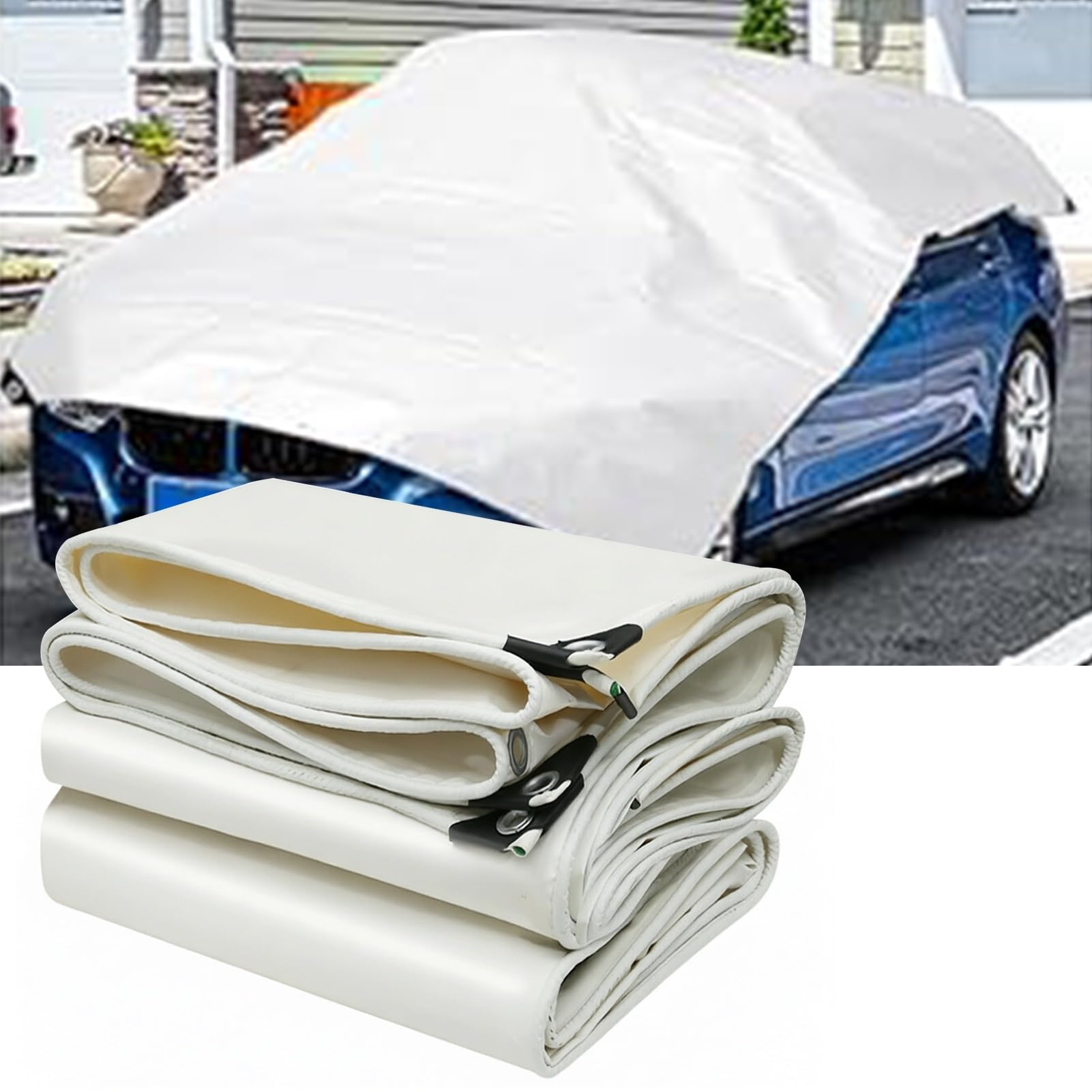 White Construction Poly Tarpaulin 500g/m² Windproof & Snowproof PVC Sheet with Reinforced Eyelets, 1.2x1.8m/4x4m Heavy Duty Outdoor Furniture & Caravan Cover(3x5m(9.8ftx16.4ft))