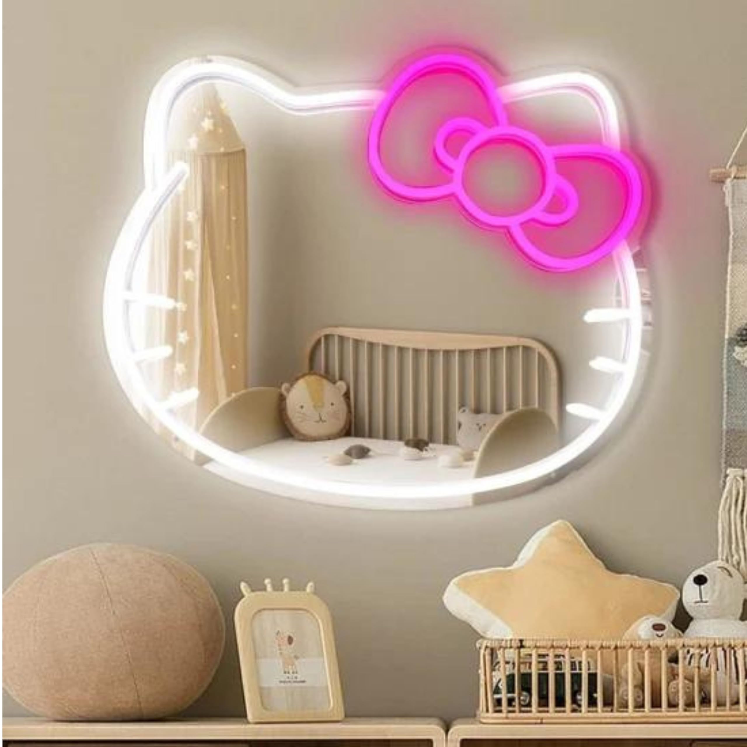 Health Organizer Anime Mirror 13.3 x 16.14 Inches Vanity Mirror with Lights Cat Design Bedroom Wall Mirror Girls Makeup Kitty Mirror with Lights Neon Sign Gift Mirror