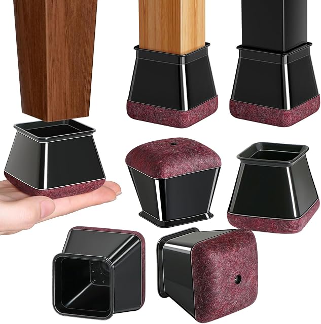 16 Pcs Square Chair Leg Floor Protectors,Medium Black Silicone Chair Leg cover caps for Hardwood Floors with Wrapped Felt, Furniture Feet Protectors Pads (Fit:20-26mm)
