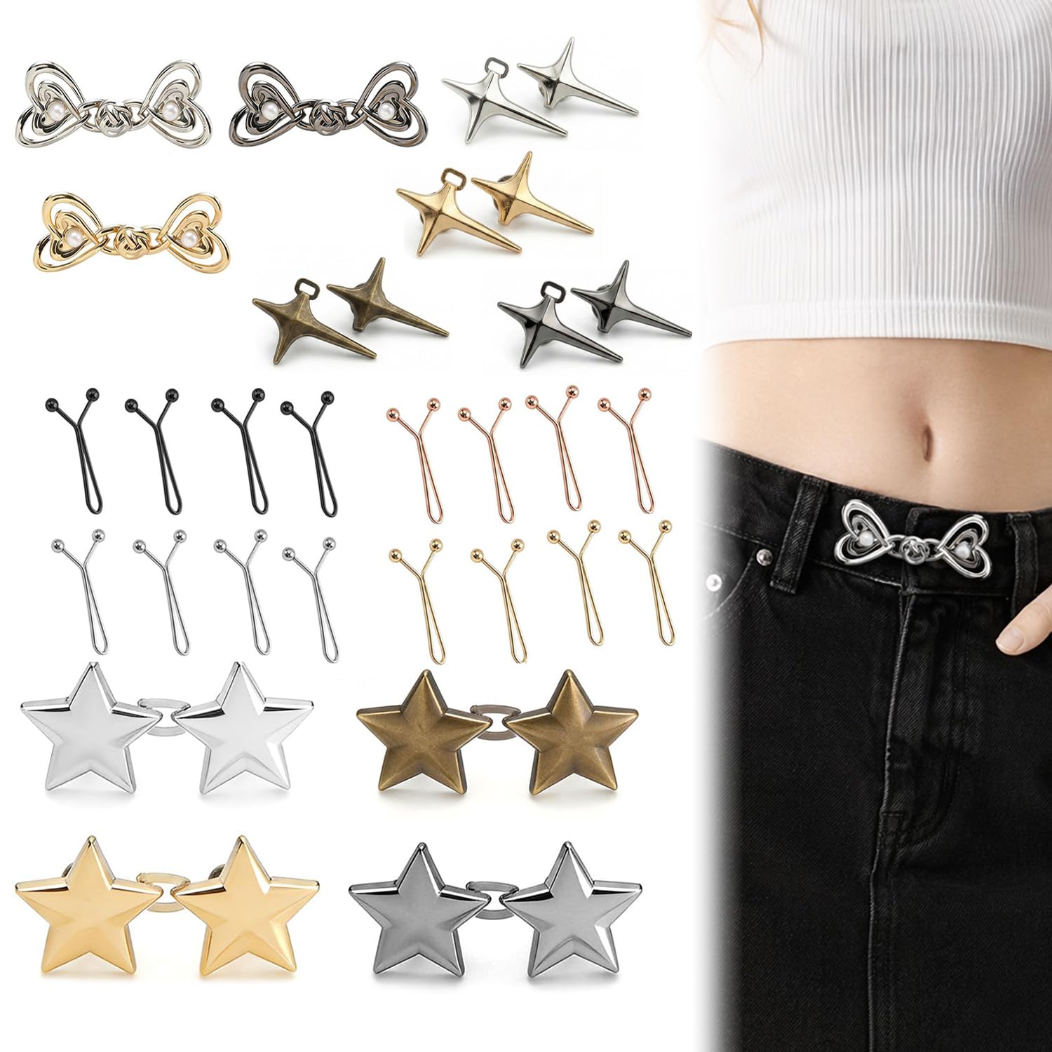 27 Pcs Adjustable Waist Tightener Clips, No Sew Reusable Waistband Adjuster