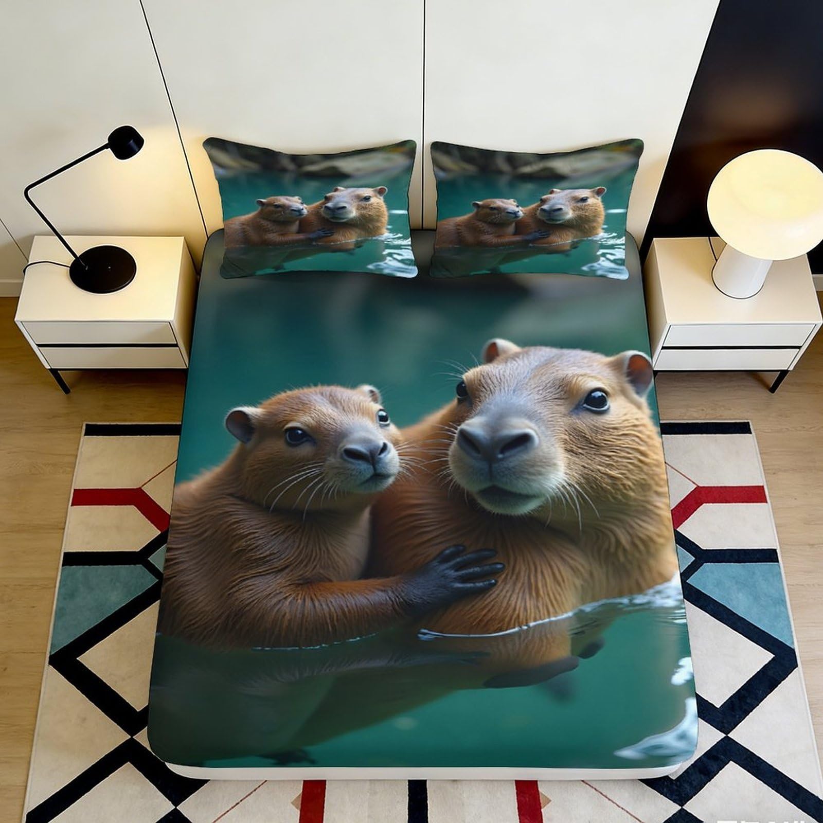 3D Printed Capybara Animal Fitted Sheet Microfiber Soft Durable Brown Wildlife Bed Cover for Bedroom Dormitory Guest Room Mattress Protection Decor 180x200x25cm
