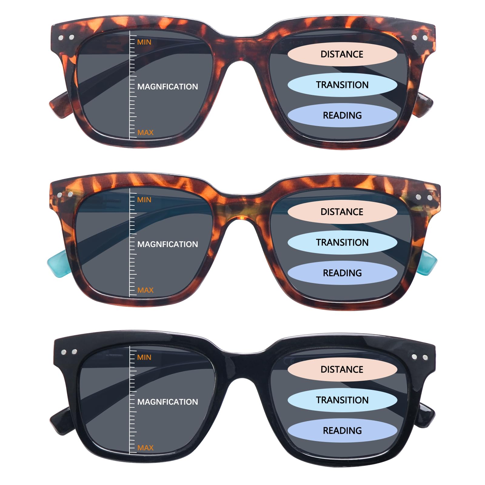 MAEOWN 3 Pack Fashion Progressive Multifocus Sunglasses for Women Men Uv Protection Sun Reader with Lightweight Frames (Mix Color, 3.5, x)