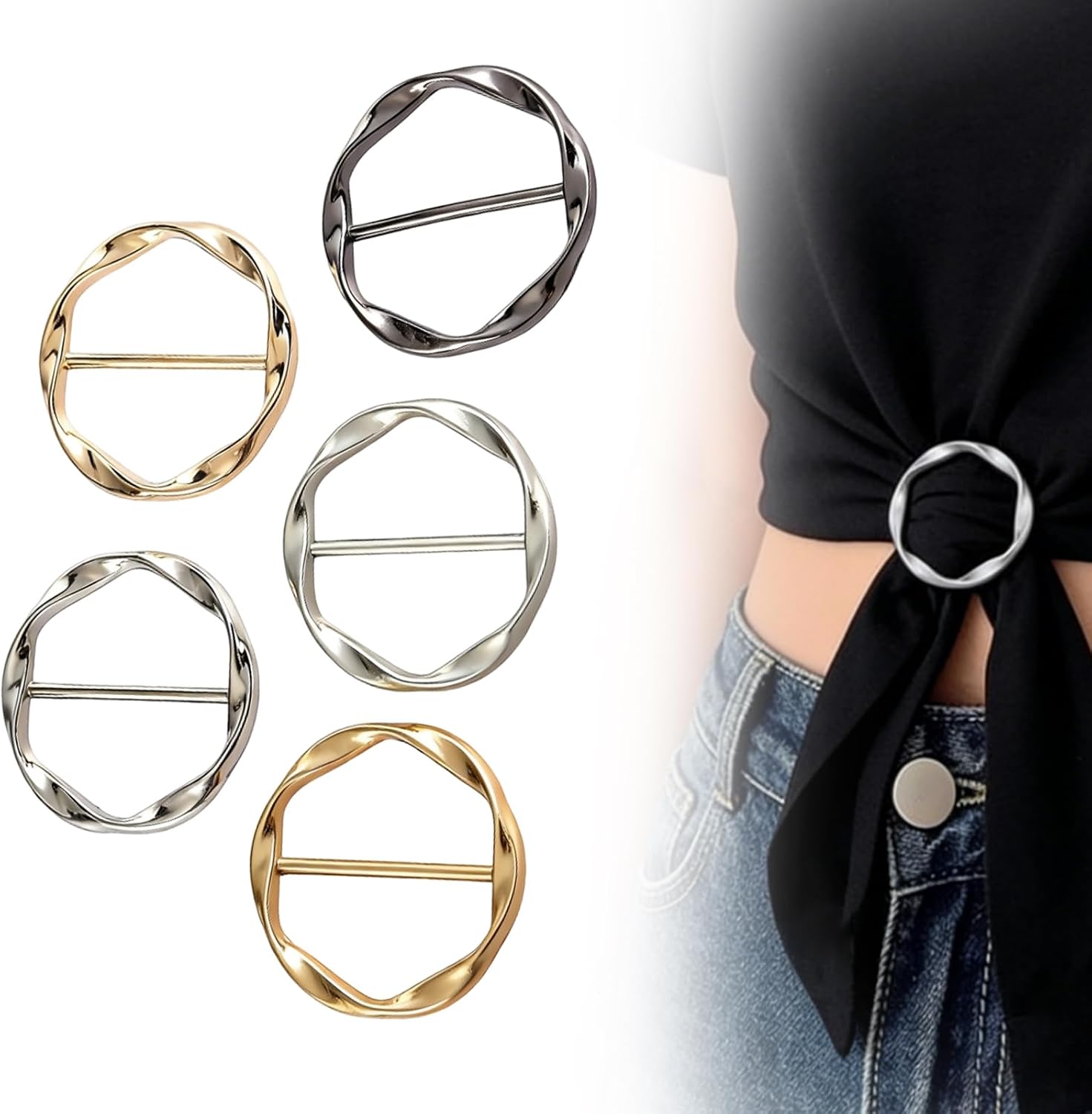 Scarf Ring Clips for Women, Metal T-Shirt Tie Clips Waist Tightener, Round Scarf Buckles Shirt Dress Corner Knot Clips for Loose Clothes Fashion Accessories 5pc
