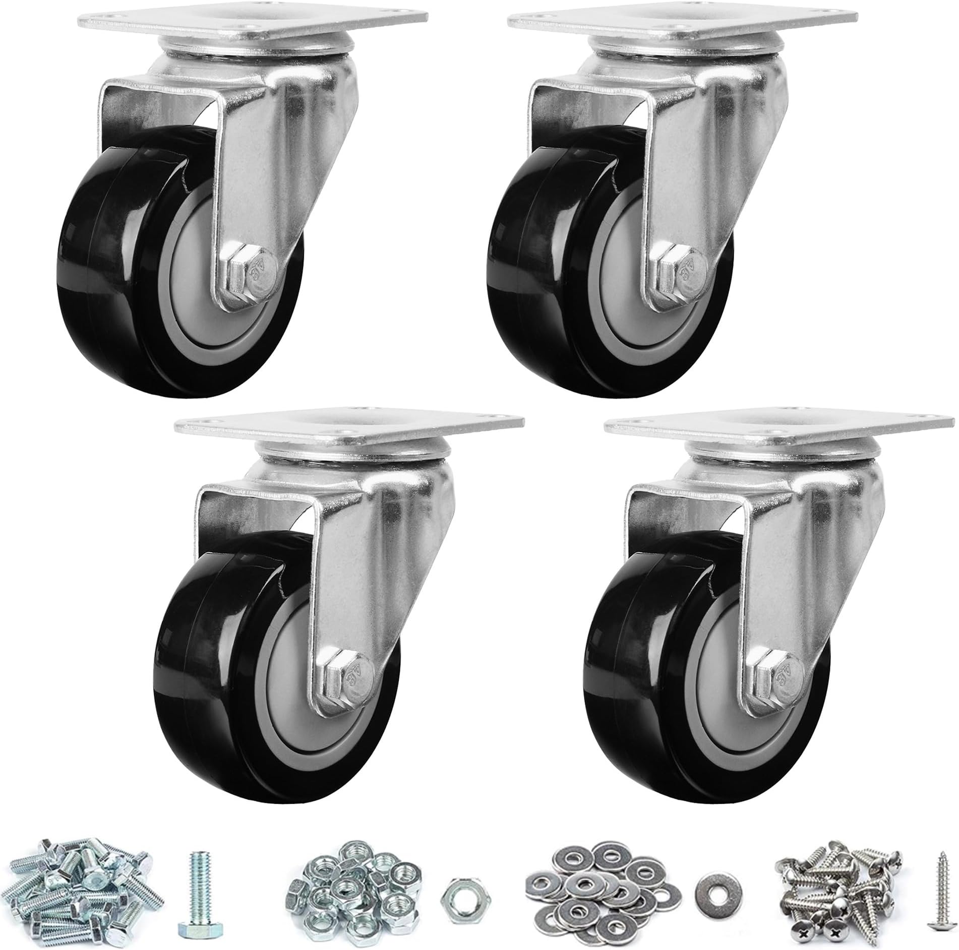 - Finnhomy 3 Inch Swivel Casters Wheels Set of 4 Heavy Duty Plate Casters Premium Polyurethane PU Wheels for Furniture/Workbench Load Bearing 2,200 Lbs Anti-wear Smooth Casters Black (Free Screws)