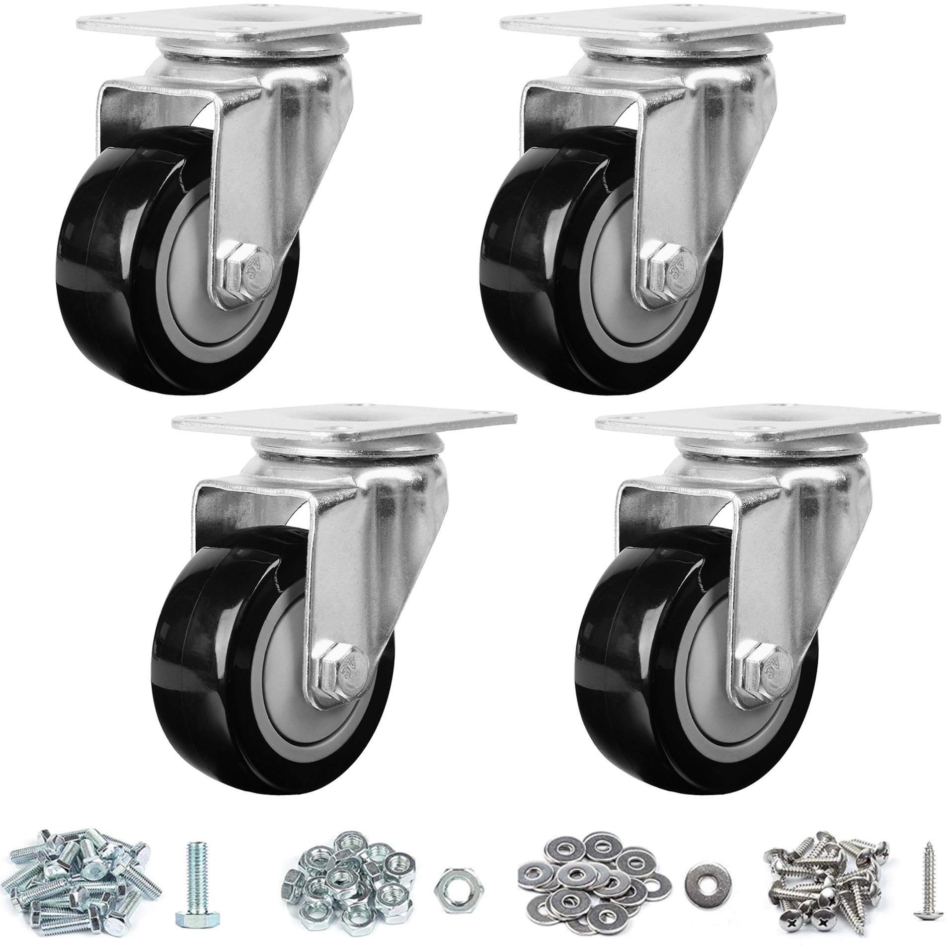 Sponsored Ad - Finnhomy 3 Inch Swivel Casters Wheels Set of 4 Heavy Duty Plate Casters Premium Polyurethane PU Wheels for Furniture/Workbench Load Bearing 2,200 Lbs Anti-wear Smooth Casters Black (Free Screws)