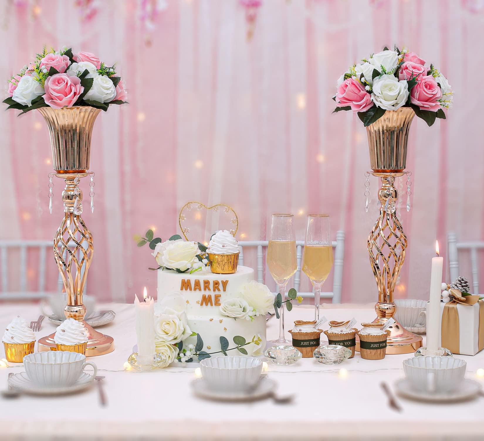 2 jarrón de trompeta dorado con cuentas de cristal, elegante centro de mesa floral de metal, perfecto para banquetes de boda, cumpleaños, aniversarios, fiestas de vacaciones y otros centros de mesa de eventos importantes (20.2 pulgadas) 2