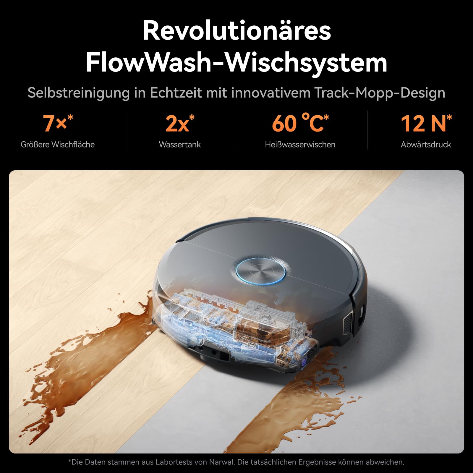 NARWAL Flow 2 Saug- und Wischroboter mit All-in-One-Station, FlowWash-Wischsystem mit 60 °C Heißwasser, 31.000 Pa Saugkraft, CarpetFocus™-Technologie, 100 °C Moppwäsche und 60 °C Heißlufttrocknung