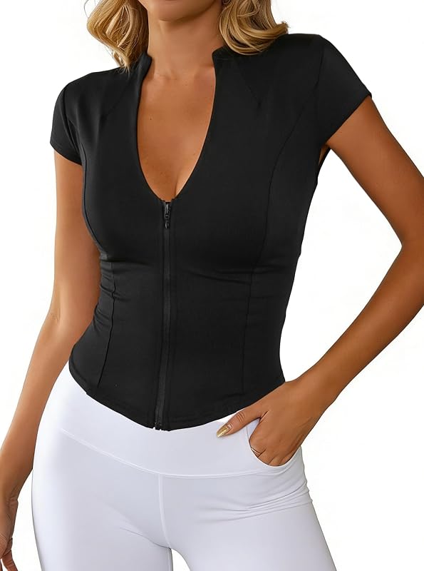 Hilinker Camisa de gimnasio atlética de manga corta con cuello en V para mujer
