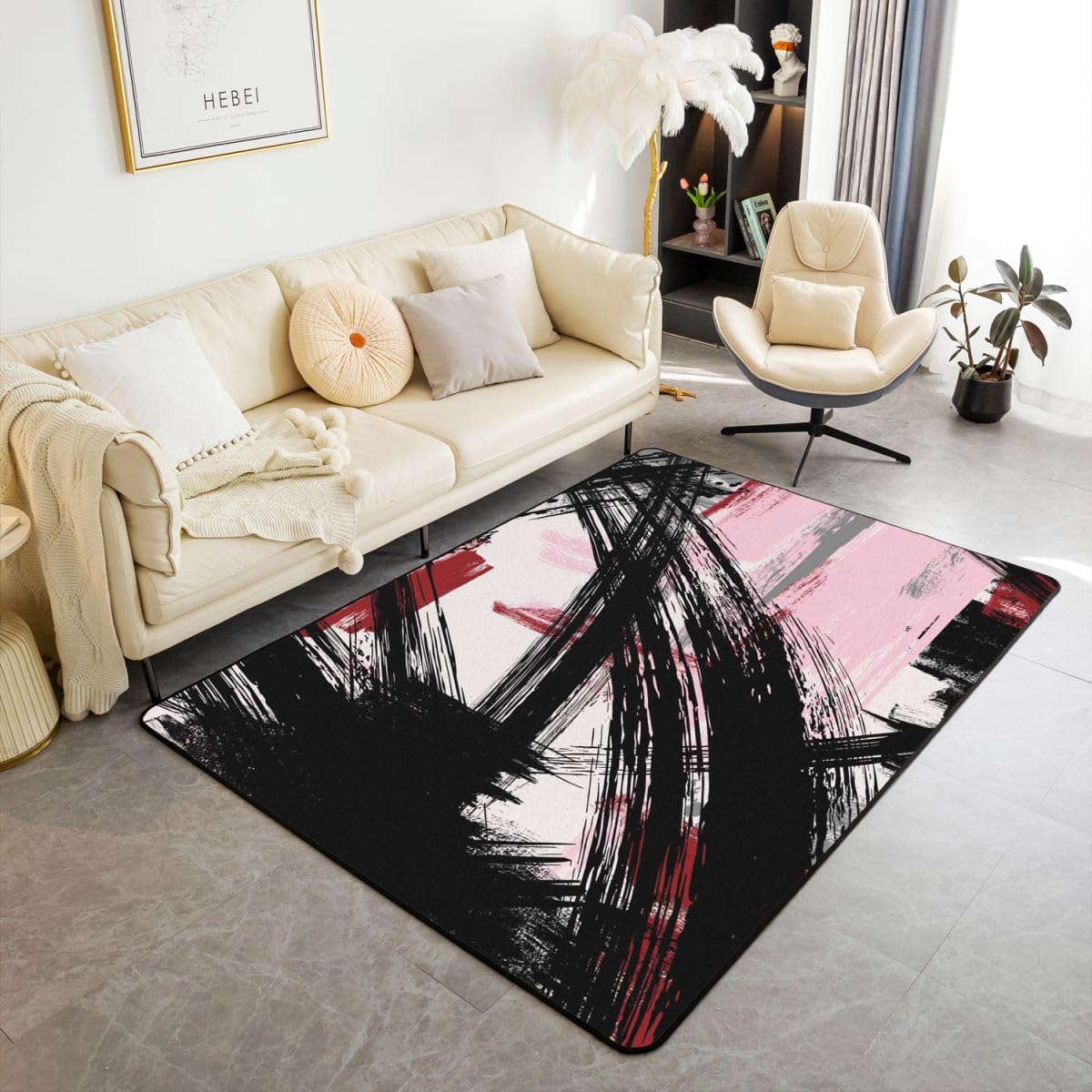 Homewish Różowy i czarny abstrakcyjny dywan 150 x 200 cm do sypialni - geometryczne dywany sztuka nowoczesna salon akwarela paski nie gubi włosia dywan współczesne graffiti estetyczne duże dywany