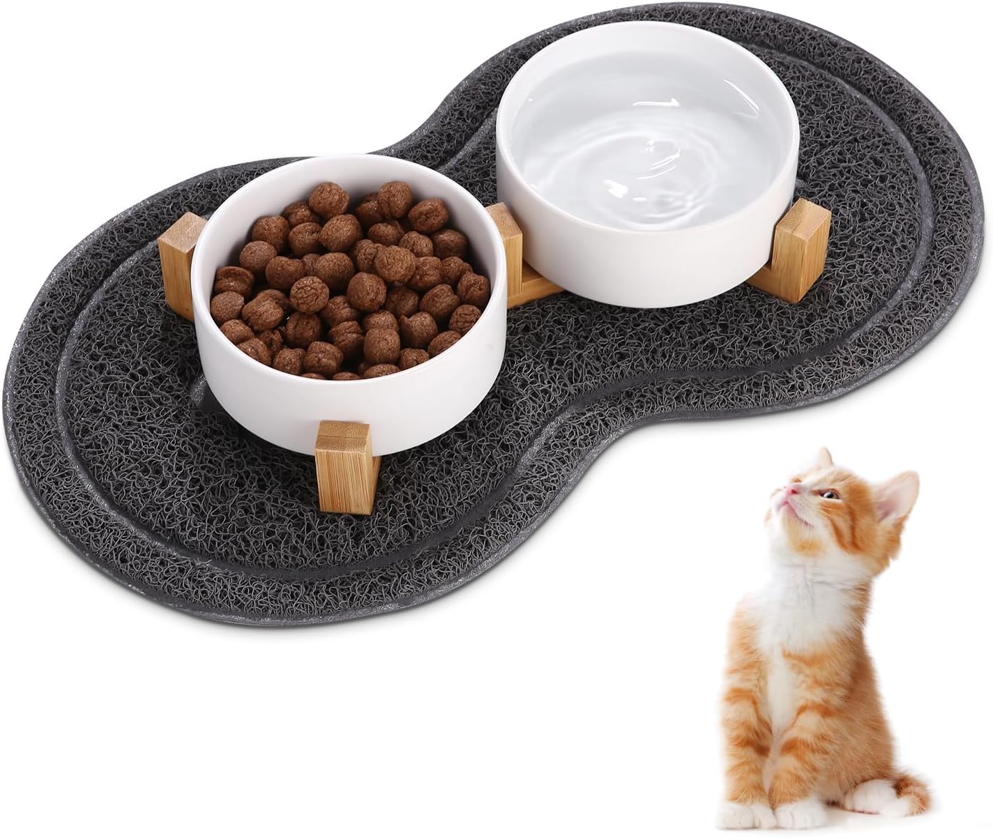 Ciotole Per Cani E Gatti In Ceramica | Set 2 Ciotole 400ml Con Base In Legno | Antiscivolo | Grigio - Foto 9