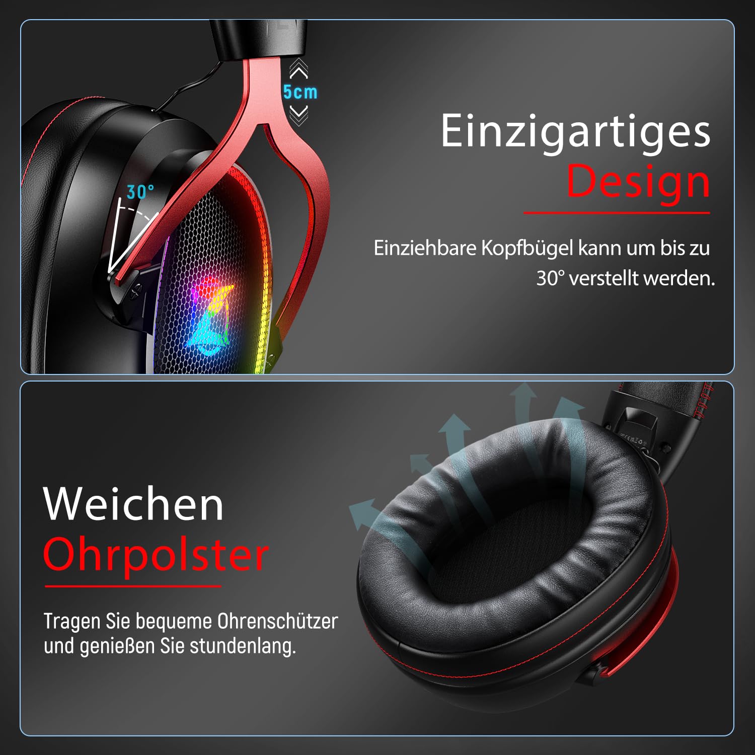 Ozeino Casque de Jeu sans Fil 2,4 GHz, Son Surround 7.1, ENC, Microphone Amovible avec réduction du Bruit, pour Casque PS4/PC/PS5 avec Microphone, Noir et Rouge