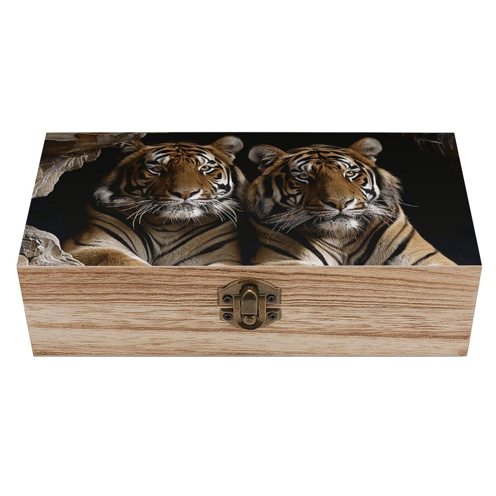 NTVOWPZO Wooden Storage Box Tiger in Cave Wood Gift Box with Hinged Lid Vintage Decorative Boxes Jewelry Memory Box for Jewelry Art Hobbies Home Storage Treasure Keepsake Gift