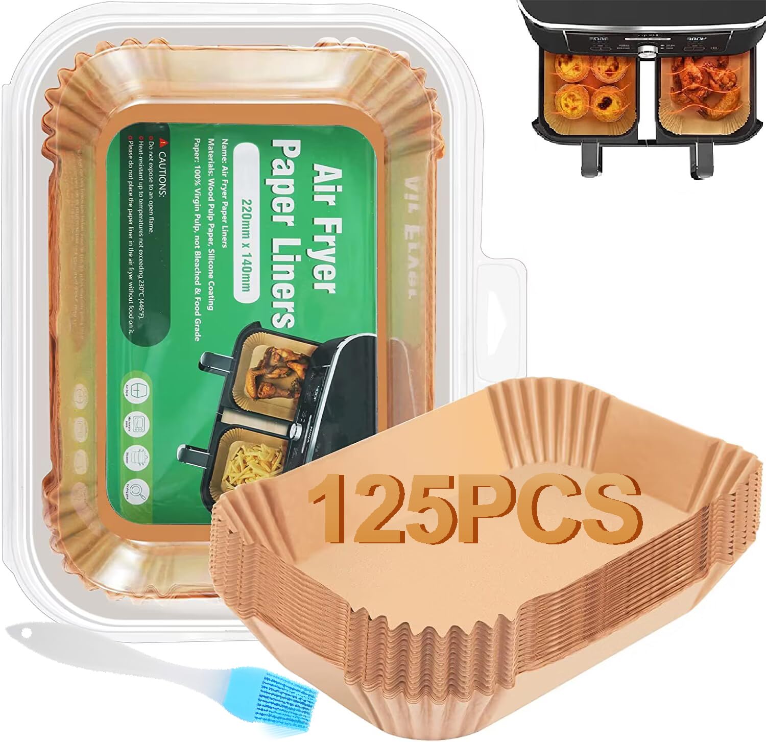 Air Fryer Liners for Ninja, 8.7in Disposable Air Fryer Parchment Paper Liners, Air Fryer Accessories for Ninja AF300UK AF400UK, Foodi, Salter, Tower and Other Dual Zone Air Fryer +1 Brush (125PCS)