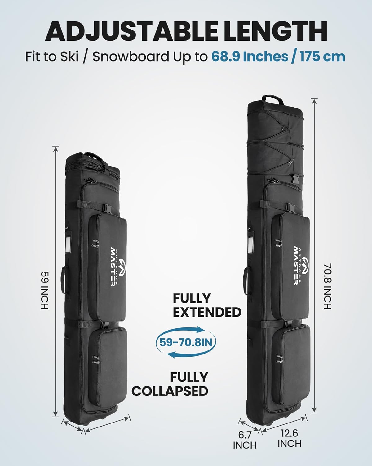 OutdoorMaster Update Expandable Padded Ski Bag Snowboard Bag with Wheels, Ski/Snowboard Travel Bag with Water-Resistant Lining Pockets and Removable Shoulder Straps