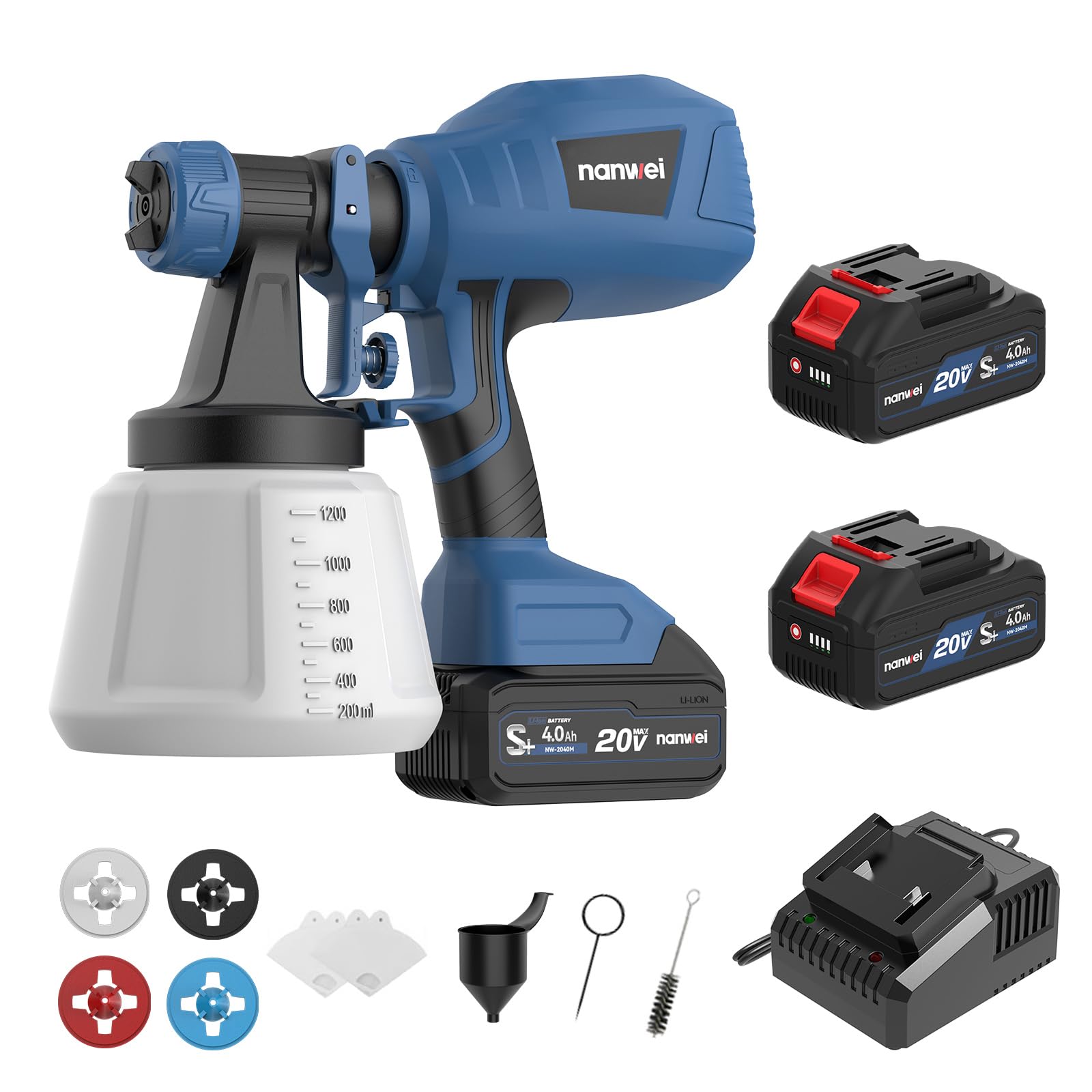 NANWEI Cordless Paint Sprayer with 2 Batteries, Paint Spray Gun with 1200ML Container, Fence Paint Sprayer with 4 Nozzles and 3 Patterns, Spray Paint Gun for House Painting (Batteries Set)