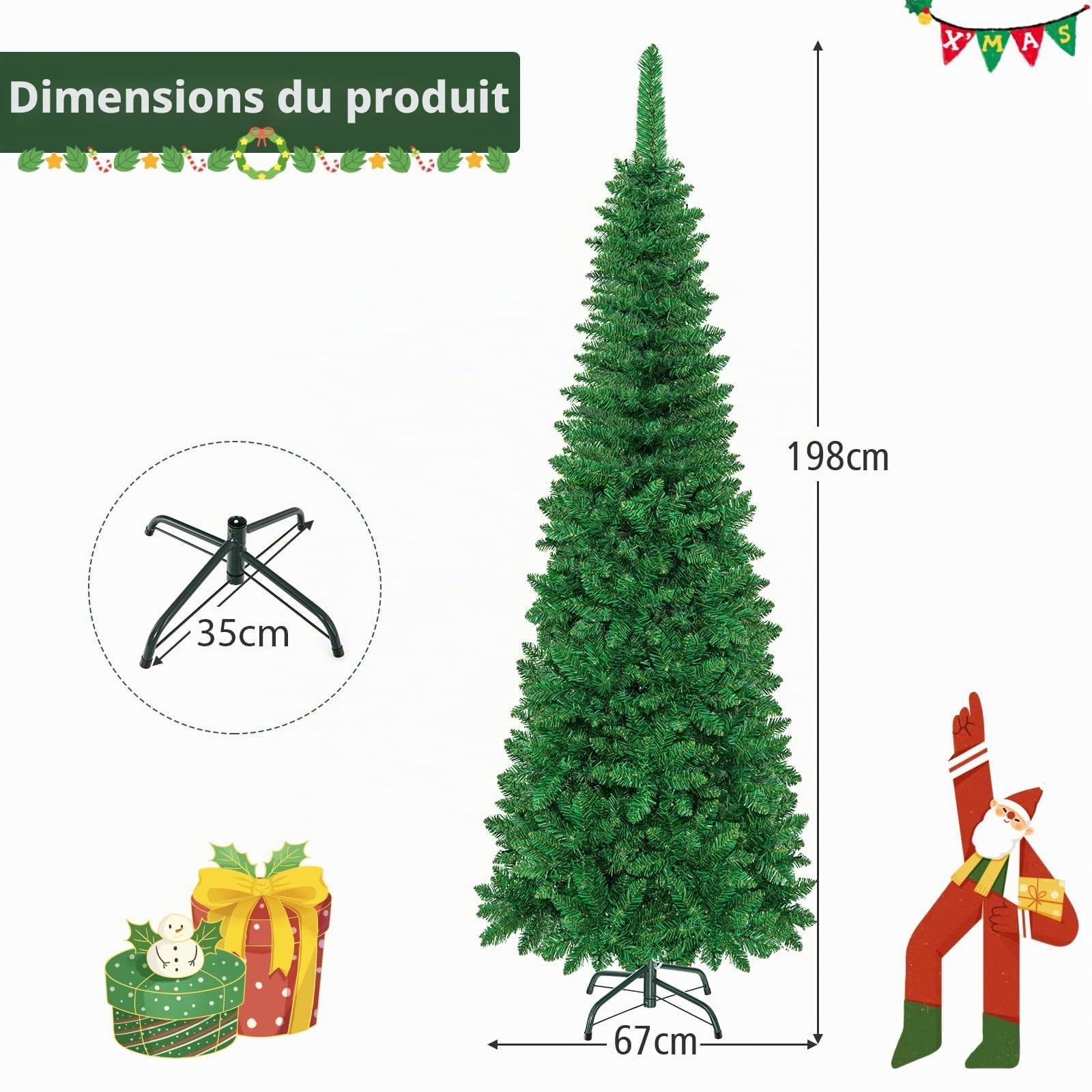 LIFEZEAL Sapin de Noël Artificiel avec Lumières LED Blanc Chaud | Sapin de Noël à Aiguilles PVC Vert avec Système de Pliage et Support Métallique, 195 cm