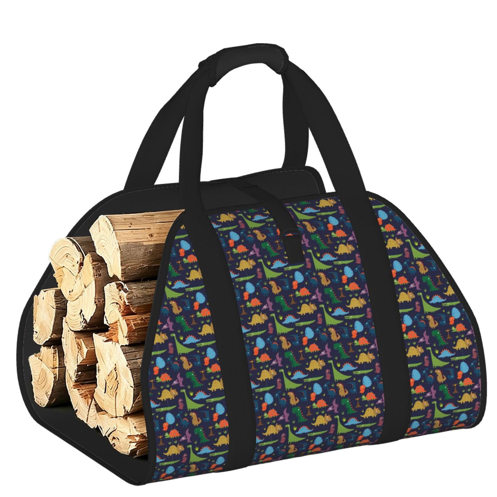 Ayyqwe Black Dinosaur Palm Leaf Print Firewood Bag Wood Waterproof Versatile Camping Picnic Storage Daily Home