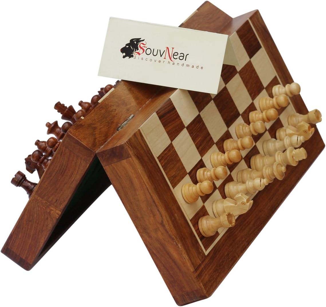Devyom 10.5" Wood Chess Set - Handmade Premium Magnetic Folding Chess Board - Wooden Travel Staunton Chess Game with Built in Storage