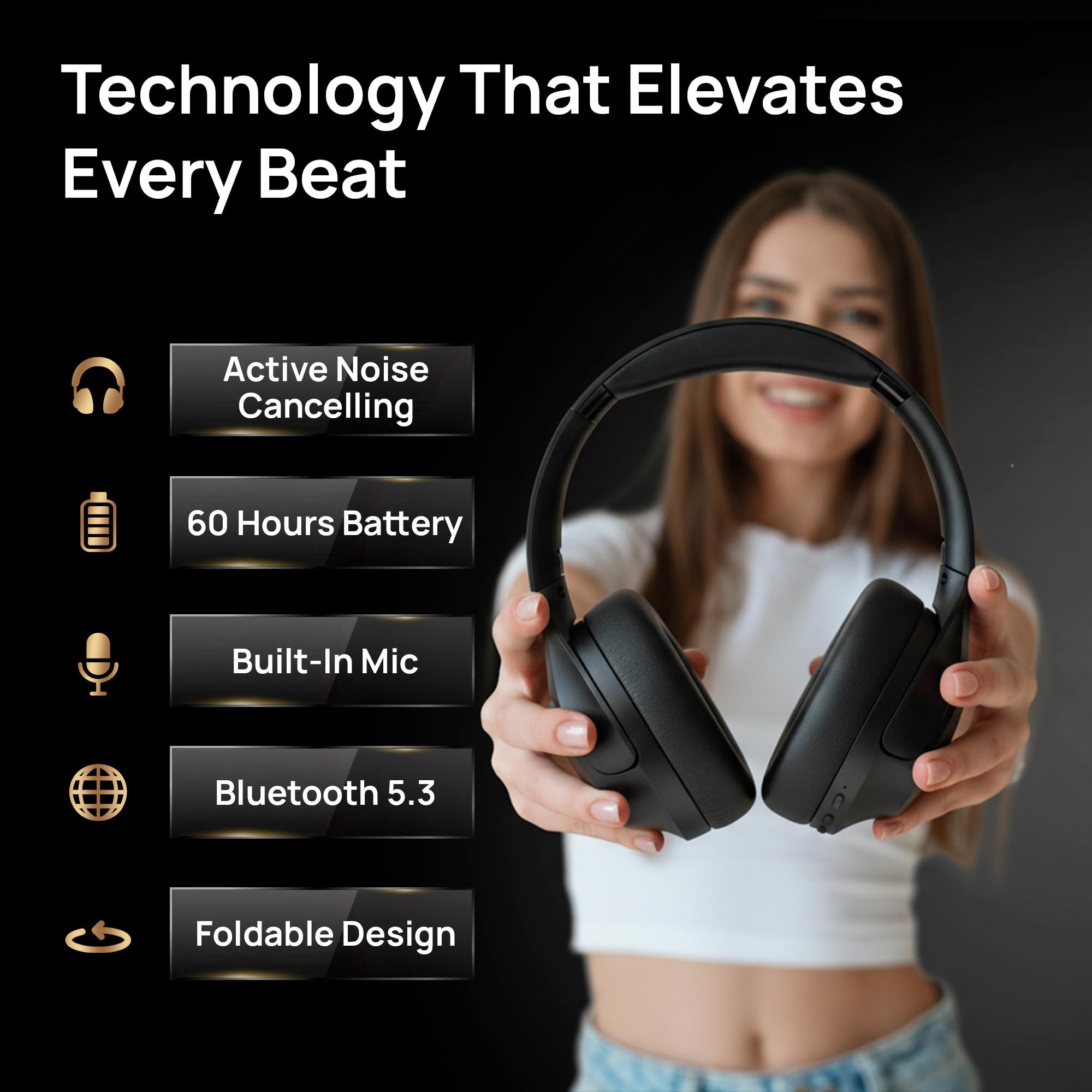 Volkano VXH200 Casque Bluetooth sans Fil à Réduction de Bruit (ANC) – 60H Autonomie, Casque Audio Over-Ear Pliable et Confortable, Basses Profondes, Micro Intégré pour Voyage et Bureau (Noir)