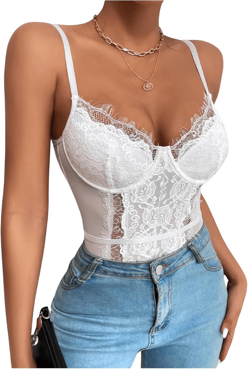 SHENHE Women's Floral Lace Spaghetti Strap Sheer Mesh Sleeveless Cami Bodysuit Tops - Image 3