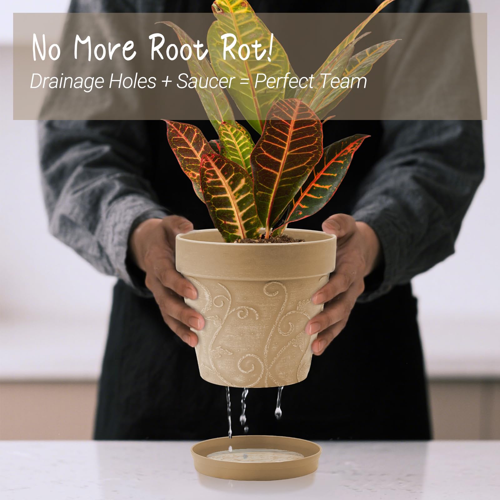 ZMTECH 20 cm Pots avec Soucoupes et Trous de Drainage, Pot de Plante Plastique Aspect Terre Cuite, Pot de Fleur Moyen avec Plateau pour Plantes d'Intérieur Extérieur (Brun Clair, Lot de 2)