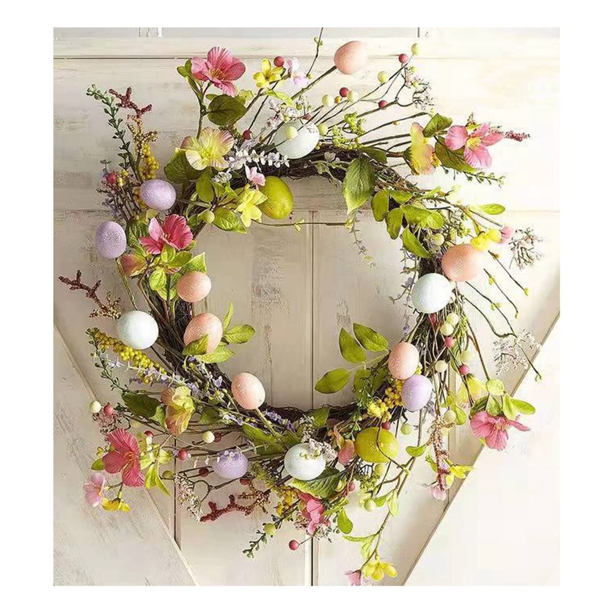 Couronne De Pâques Printanière Avec Oeufs Et Fleurs - Décoration Porte D'Entrée 45cm