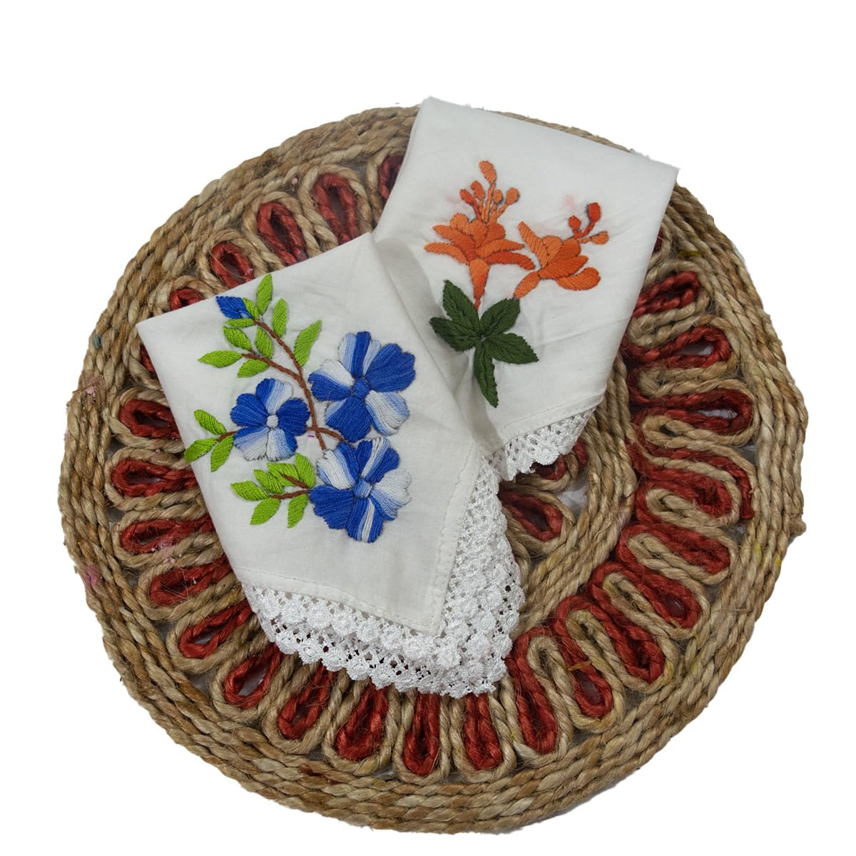 Pure Cotton Handembroidered Women's Handkerchiefs-Blue Bell and Hibiscus Design-Set of 2-image-29
