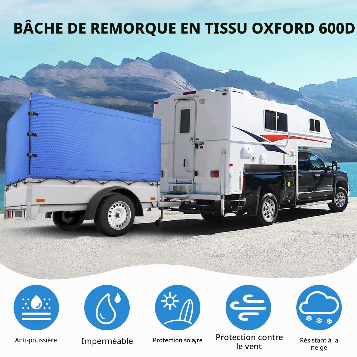 Bâche de Remorque Haute Performance, Bâche de Protection Tous Temps Durable avec Corde, Tissu Oxford 600D, Bâche de Couverture pour Remorques de 750 kg (avec Fermeture Éclair à l'Arrière)