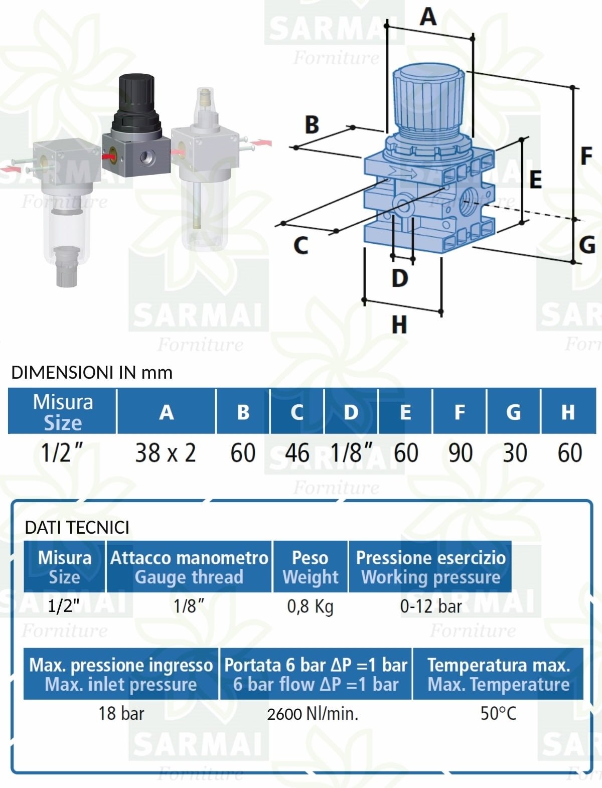 Regolatore Riduttore di Pressione Attacco 1/2" Compressore Aria Compressa 18 Bar