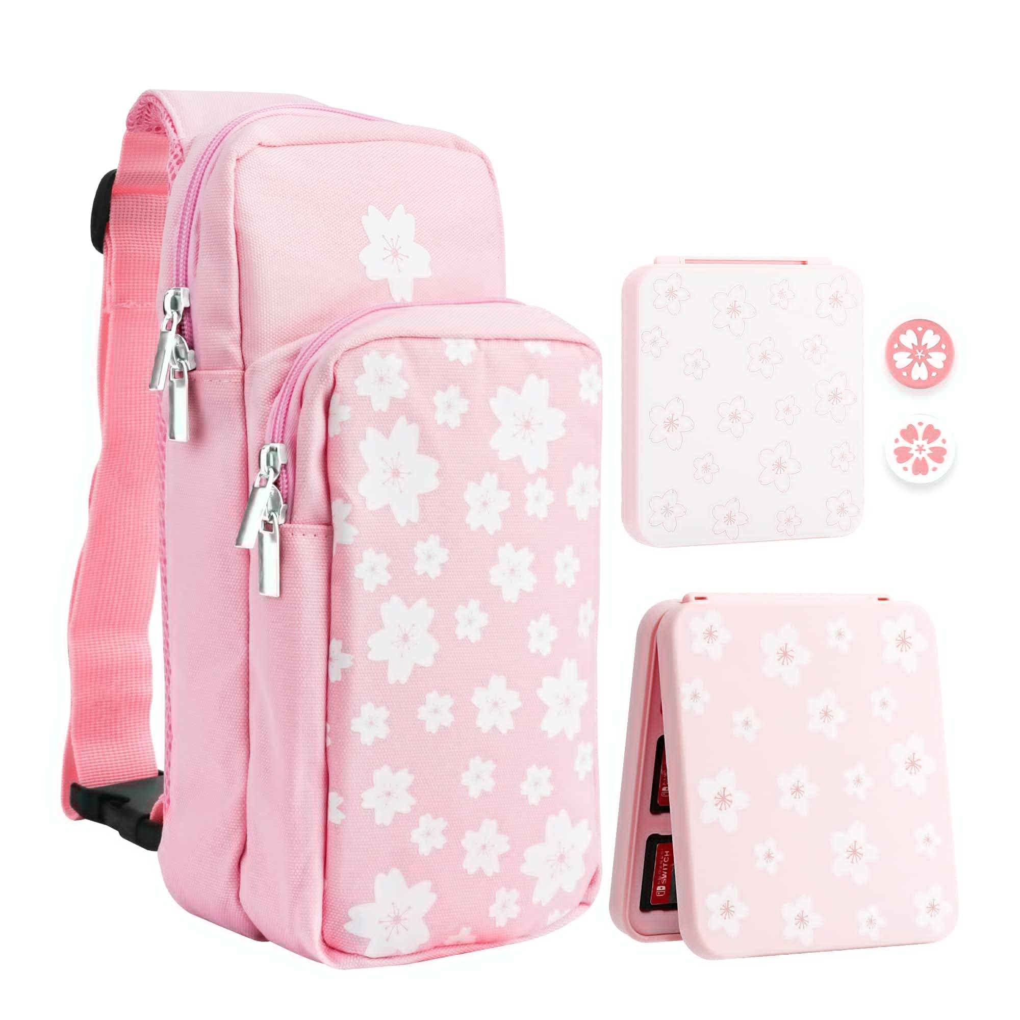 RHOTALL Borsa a tracolla compatibile con Nintendo Switch/OLED/Lite, zaino da viaggio ad alta capacità per switch accessori con custodia per carte di gioco e 2 tappi per pollice, Sakura