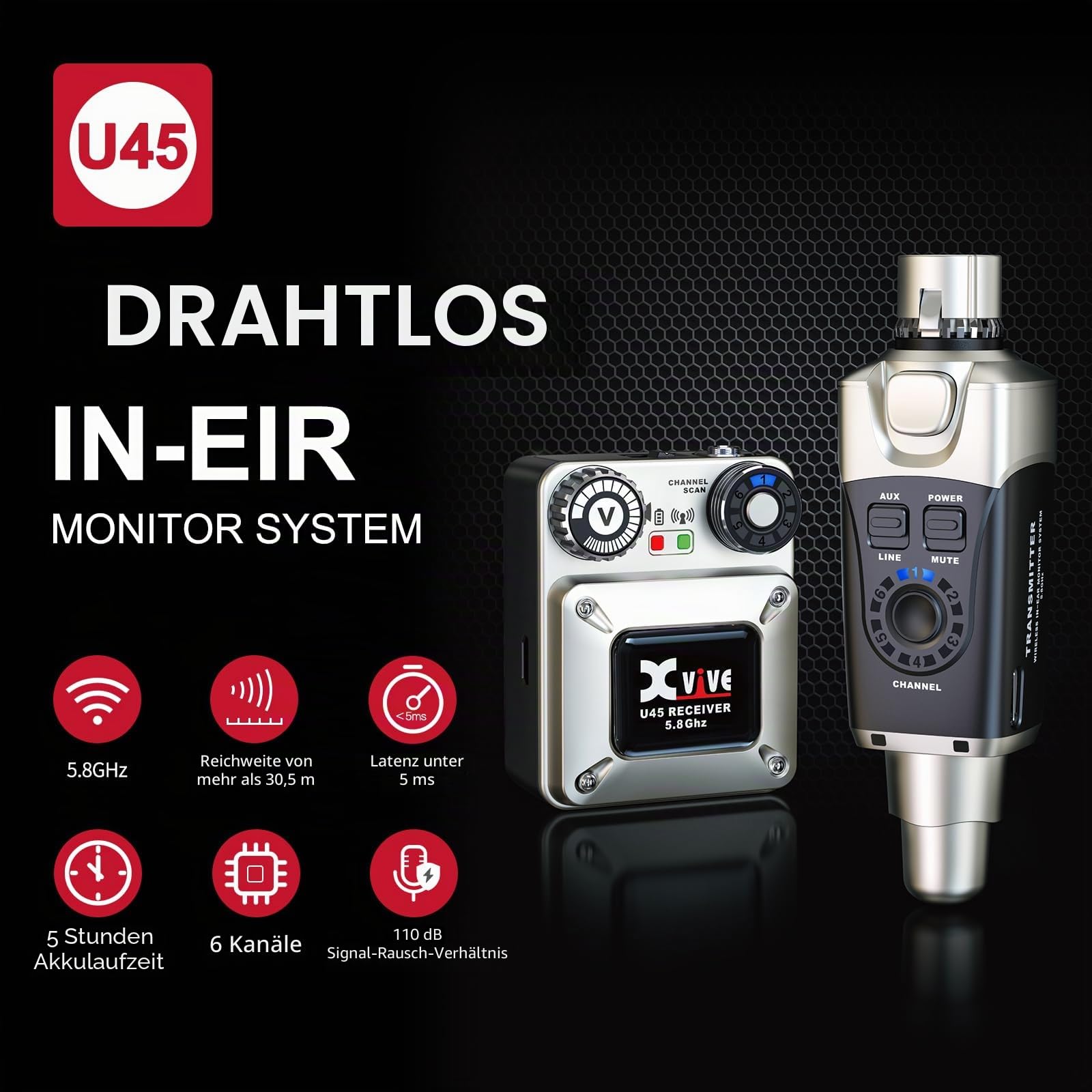 Xvive U45 Kabelloses In-Ear-Monitor System mit 5,8 GHz Sender und Empfänger