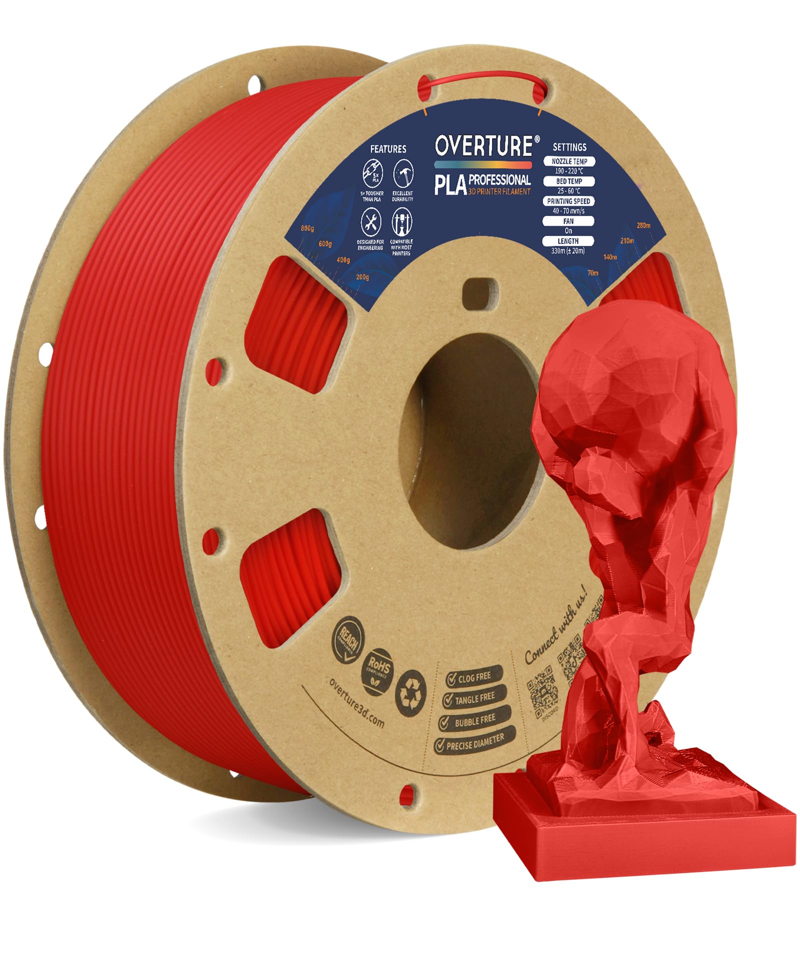 OVERTURE PLA+ Filamento 1.75mm, Toughness Enhanced PLA Roll, Professionale PLA Tenacia, 1kg Filamento(2.2lbs), Precisione Dimensionale 99% Probabilità +/- 0.02 mm (Rosso)
