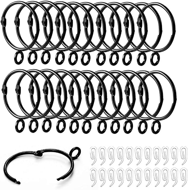 Curtain Rings and Hooks, 22 pcs 38mm Internal Diameter Curtain Rings and Plastic Curtain Hooks , The Can Be Opened and Closedfor Hanging Rings Curtains and Rods (Black-22 Pcs)