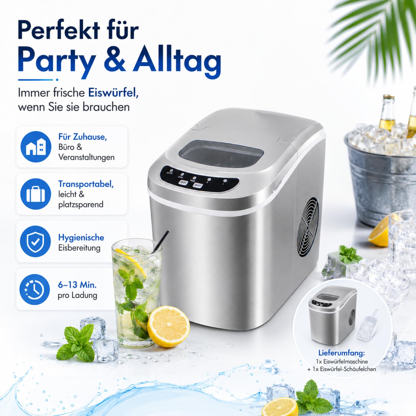 Eiswürfelmaschine Eiswürfelbereiter Eiswürfel Ice Maker Eis Maschine (Silber)