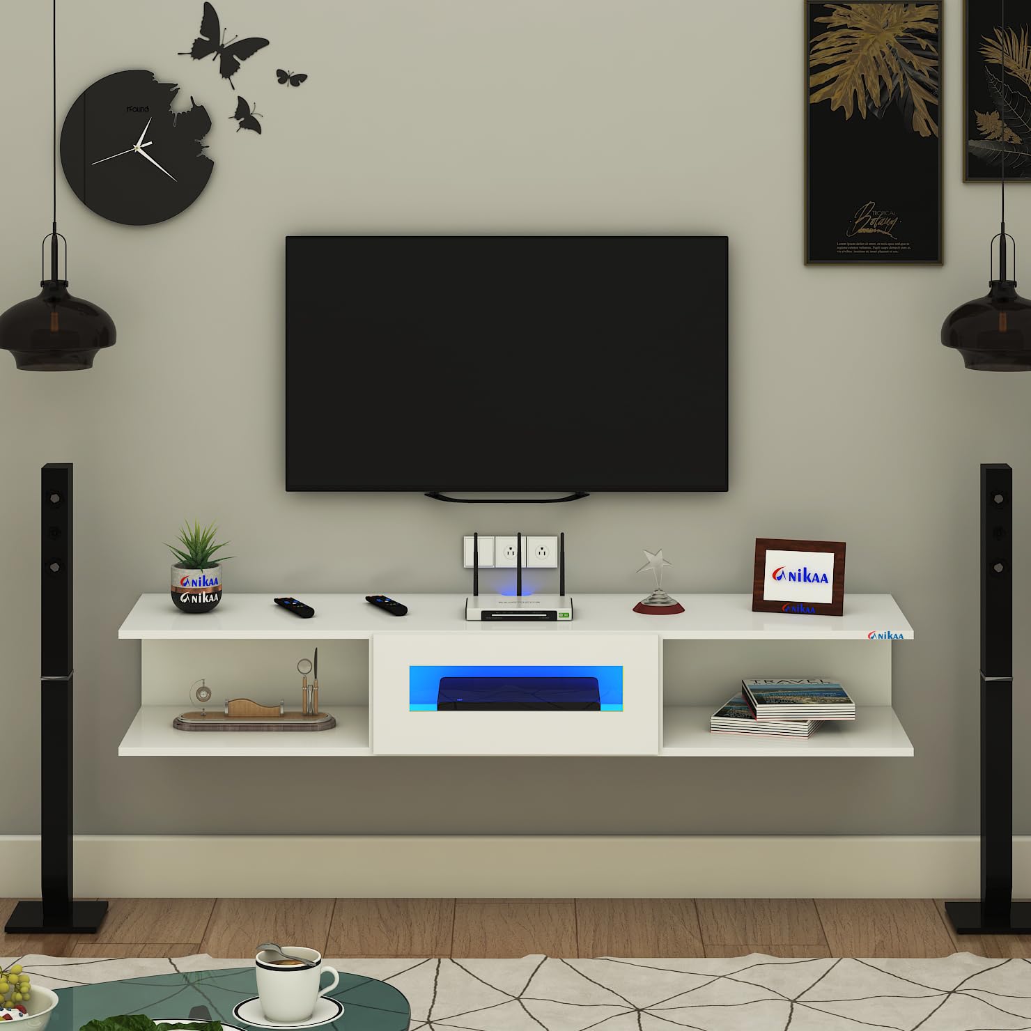 Anikaa Vetra Wall Mount Modern Floating TV Unit for Living Room with Open Shelf Storage Cabinet & Middle Cabinet Blue LED Light (Ideal for 32 to 55 inch TV, DIY Installation, White Finish)