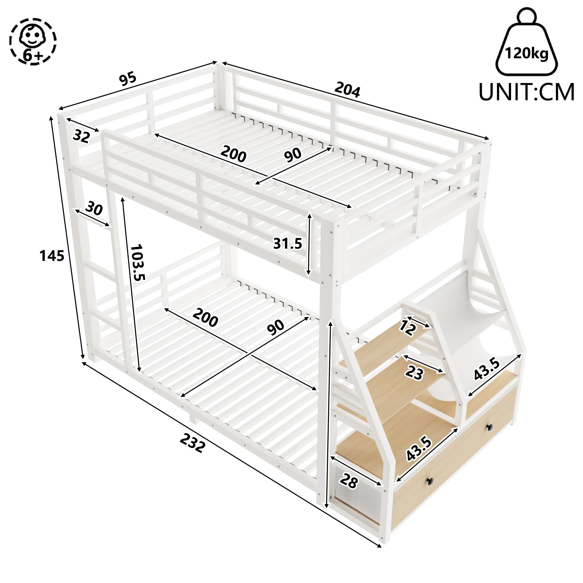 Sapgaks Lit superposé Enfant en métal 90 x 200 avec éclairage LED et 2 tiroirs en Tissu,Rangement,lit Enfant 90x200,Cadre de lit 2 Personne,Blanc