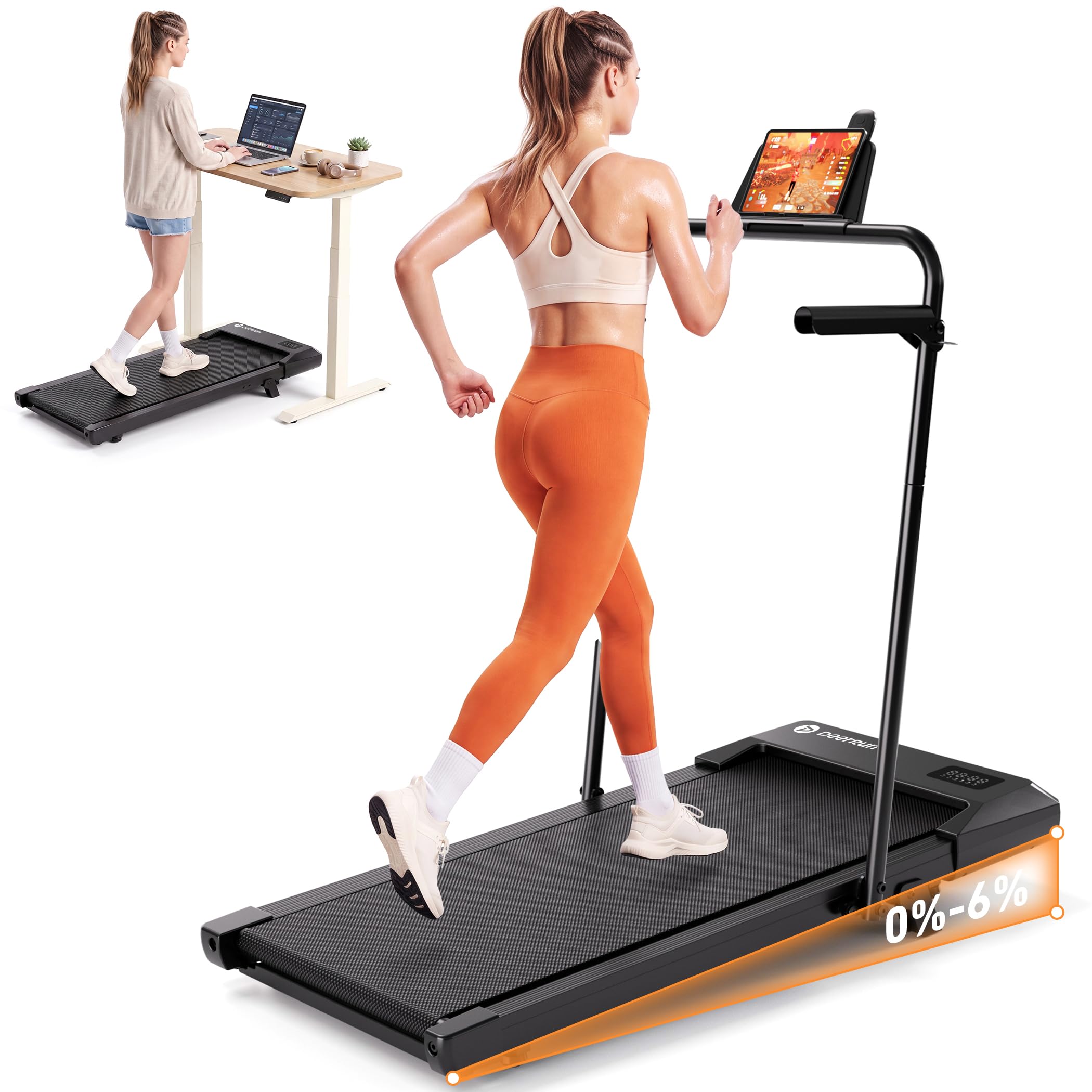 DeerRun Walking Pad with Incline, Under Desk Treadmill for Home Office, 2.5HP Walking Treadmill with App, 136KG Capacity, Remote Control & LED Display