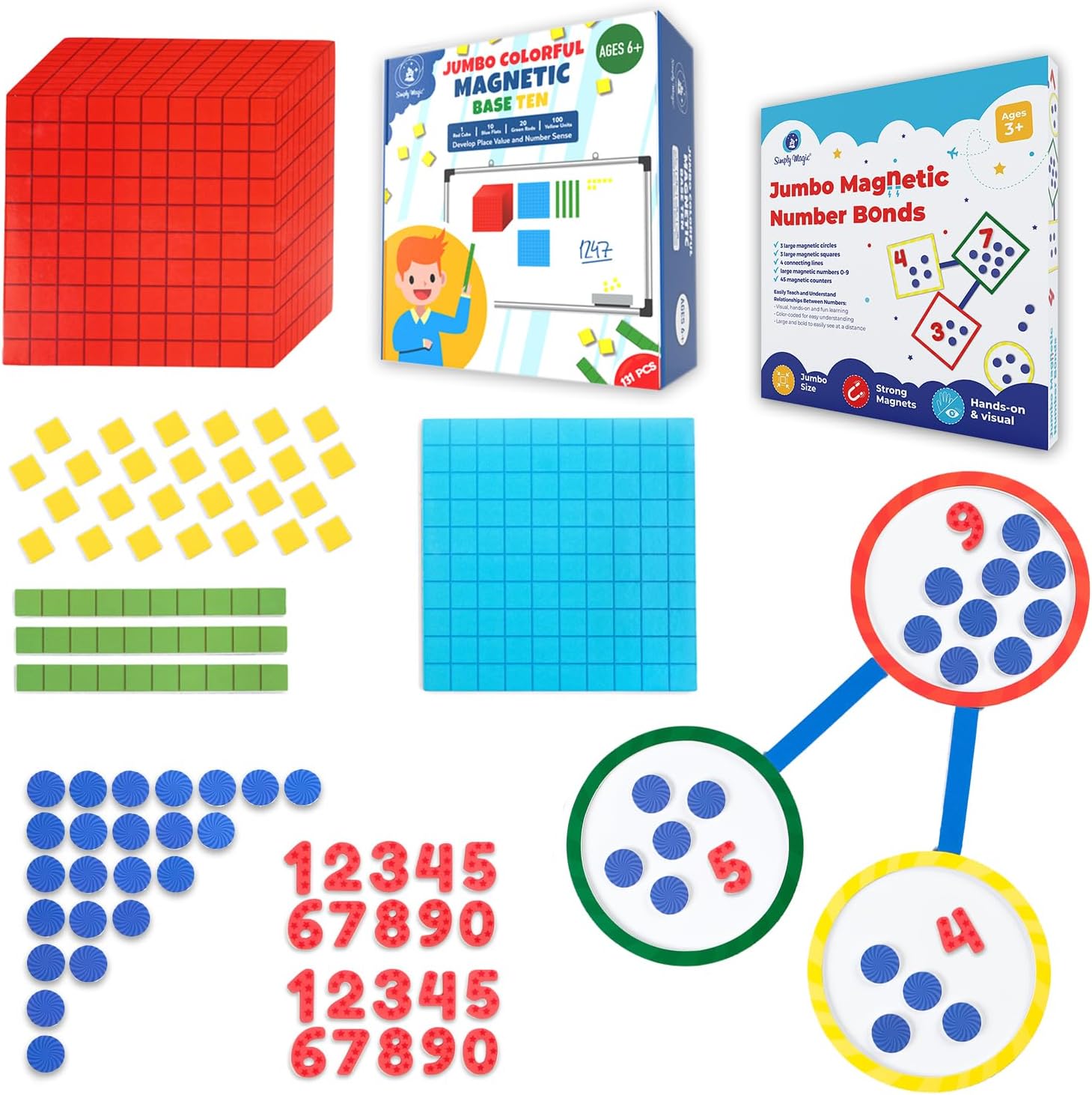 Simply magic 131 PCS Jumbo Magnetic Base Ten Blocks & 75 PCS Colorful Magnetic Number Bonds for Math
