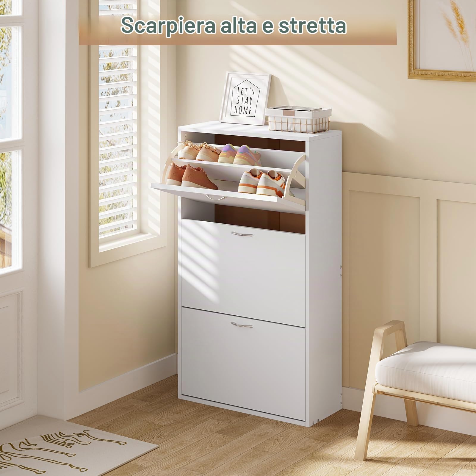 WOLTU Scarpiera Salvaspazio Slim e Alta, Porta Scarpe con 3 Ante a Ribalta, Organizer per Scarpe con Divisori Staccabili, Scarpiera Bianca in Legno per Ingresso, Corridoio