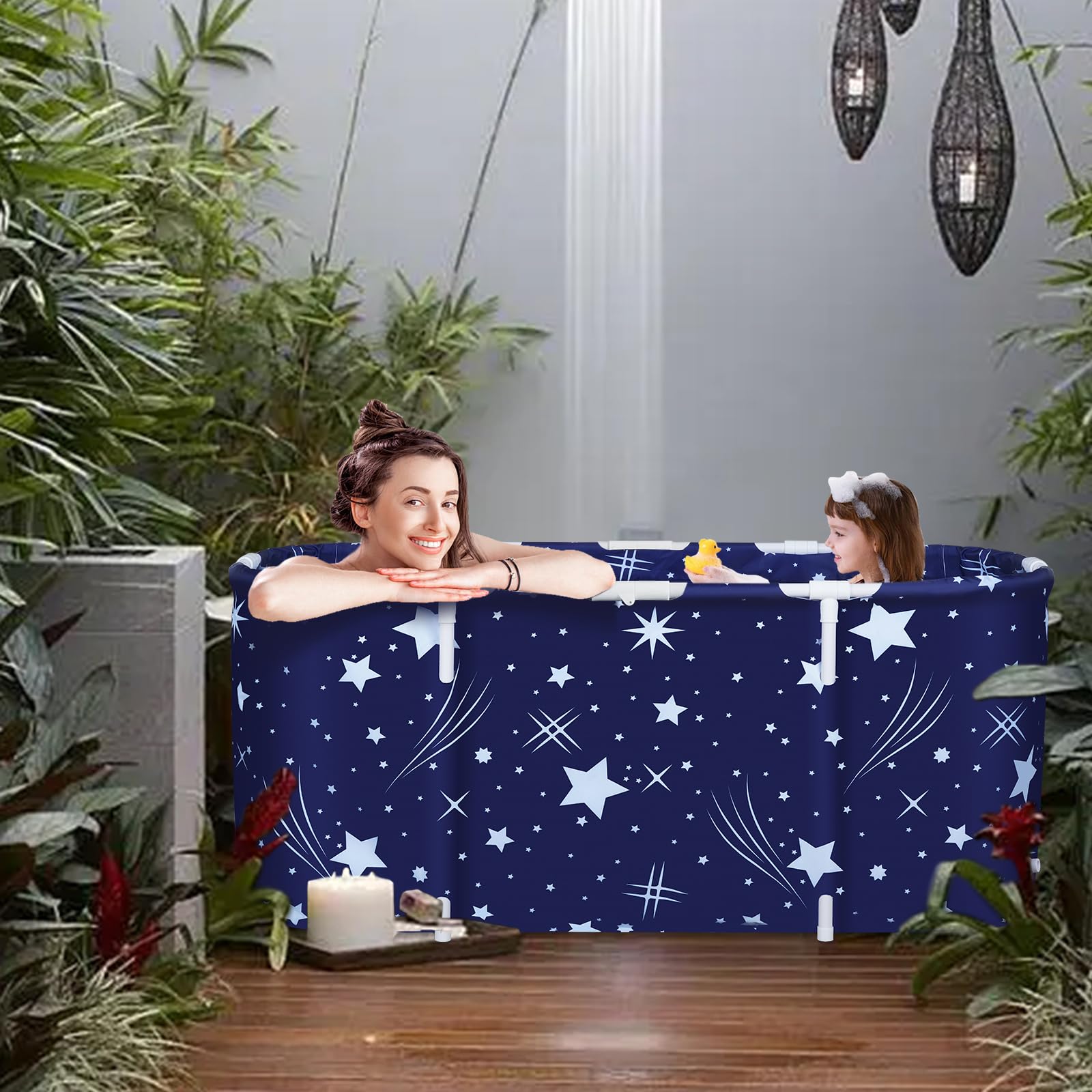 Bañera Plegable para Adultos y Niños Bañera Familiar Portatil con Respaldo, Cojín, Bomba de Pies, Funda Aislante, Bolsa de Baño y 2 Tubos de Drenaje, 125x55x54CM