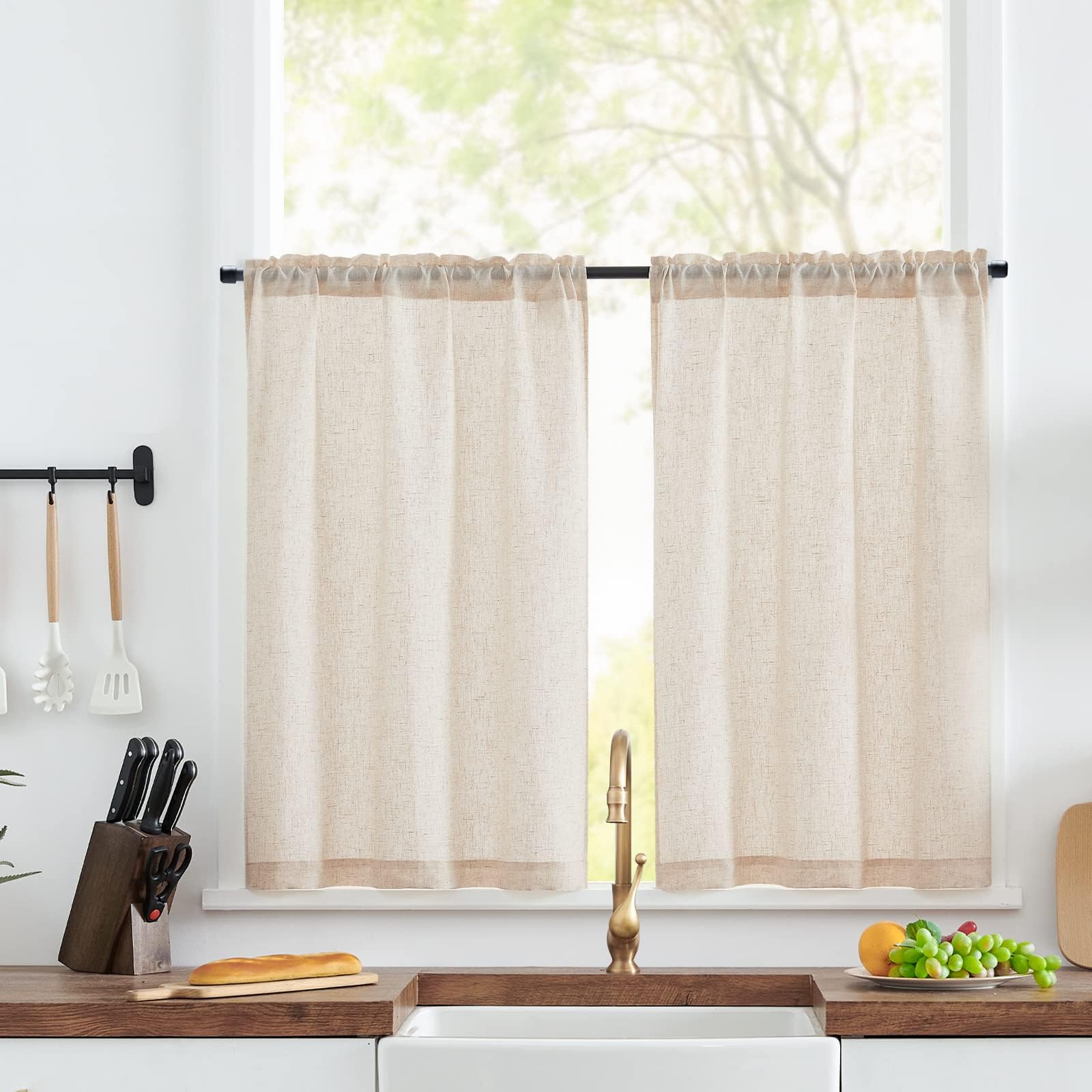 TOPICK Visillos para cocina, color beige y lino, con cordón, para puerta de balcón, caravana, estilo rústico, para casa de campo, cortinas cortas, semitransparentes, juego de 2 unidades, 65 x 60 cm
