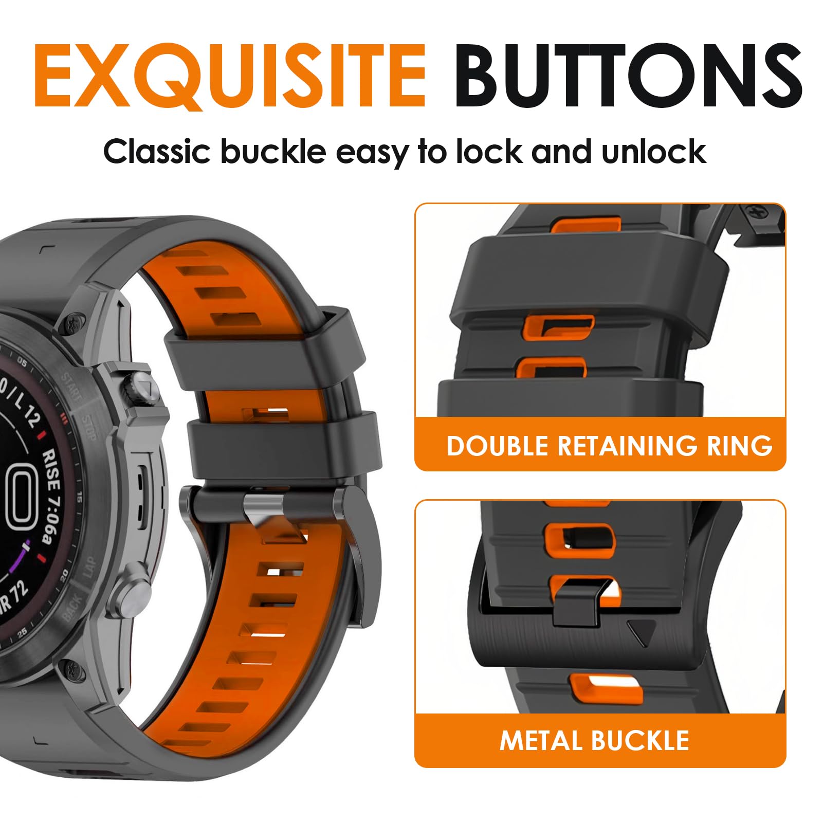 For Garmin Fenix 7x 6x Pro Strap 26mm Silicone Quick Fit Watch Strap for Garmin Fenix 8 51mm/Fenix 7X Pro/Fenix 7X/Fenix 6X/Fenix 6X Pro/Fenix 5X/Fenix 5X Plus Sport Wristbands (Grey & Orange - Image 3