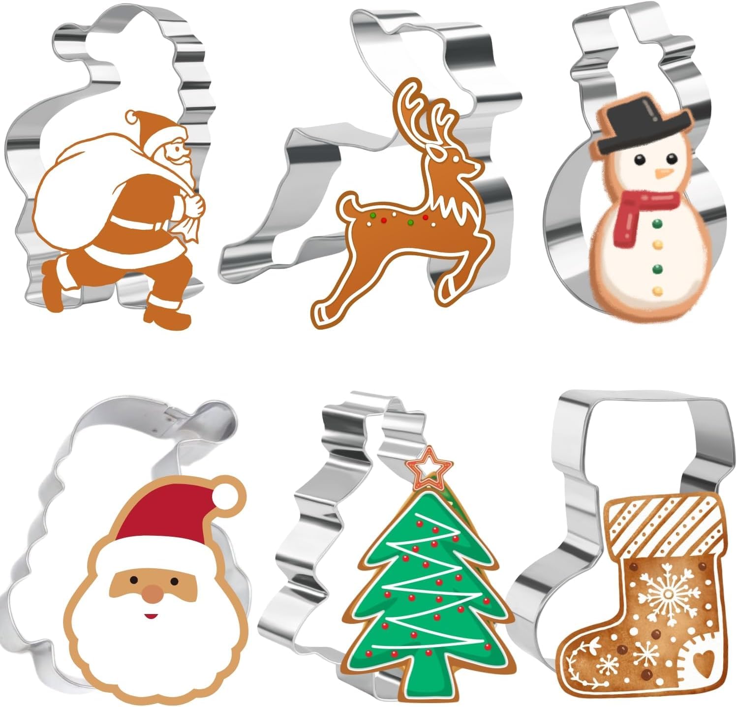 HUSAINI MART | Christmas Cookie Cutter Set of 6 – Stainless Steel Cookie Cutters Santa Claus, Snowman,Santa Claus Head Tree Stocking,Deer for Holiday Baking Xmas Biscuit Cutter