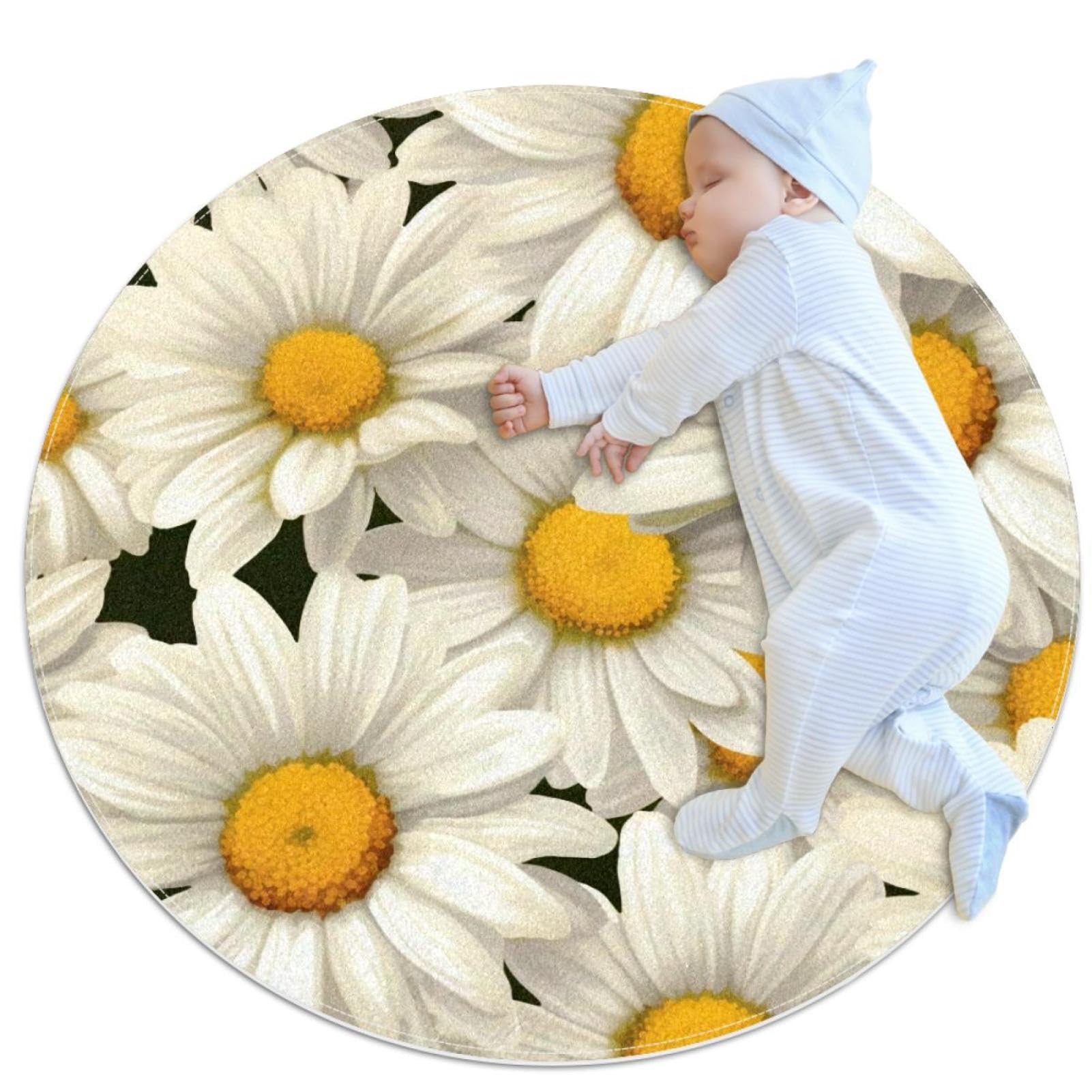 Tapis de salle de bain marguerite blanche antidérapant rond 1m