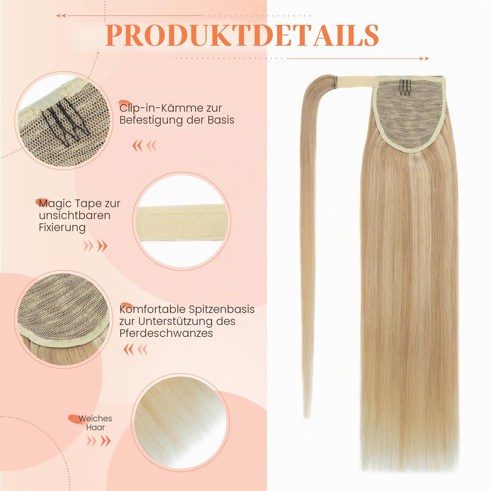 Benehair Ponytail Extension Echthaar, Zopf Extensions Echthaar, Wrap Around Echthaars Ponytail für Frauen, Blond Highlights Bleichblond Pferdeschwanz Echtes Haar Haarverlängerung 55CM 95g #18P613